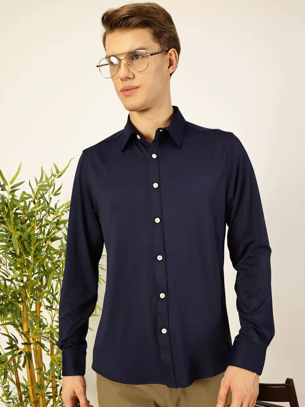 Men Navy Slim Fit Long Sleeves Spread Collar Knit Casual Shirt