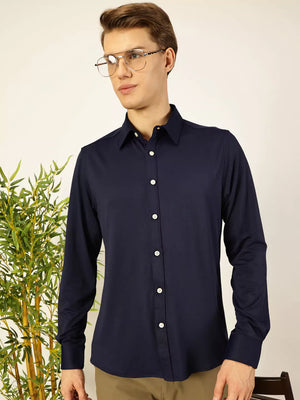 Men Navy Slim Fit Long Sleeves Spread Collar Knit Casual Shirt
