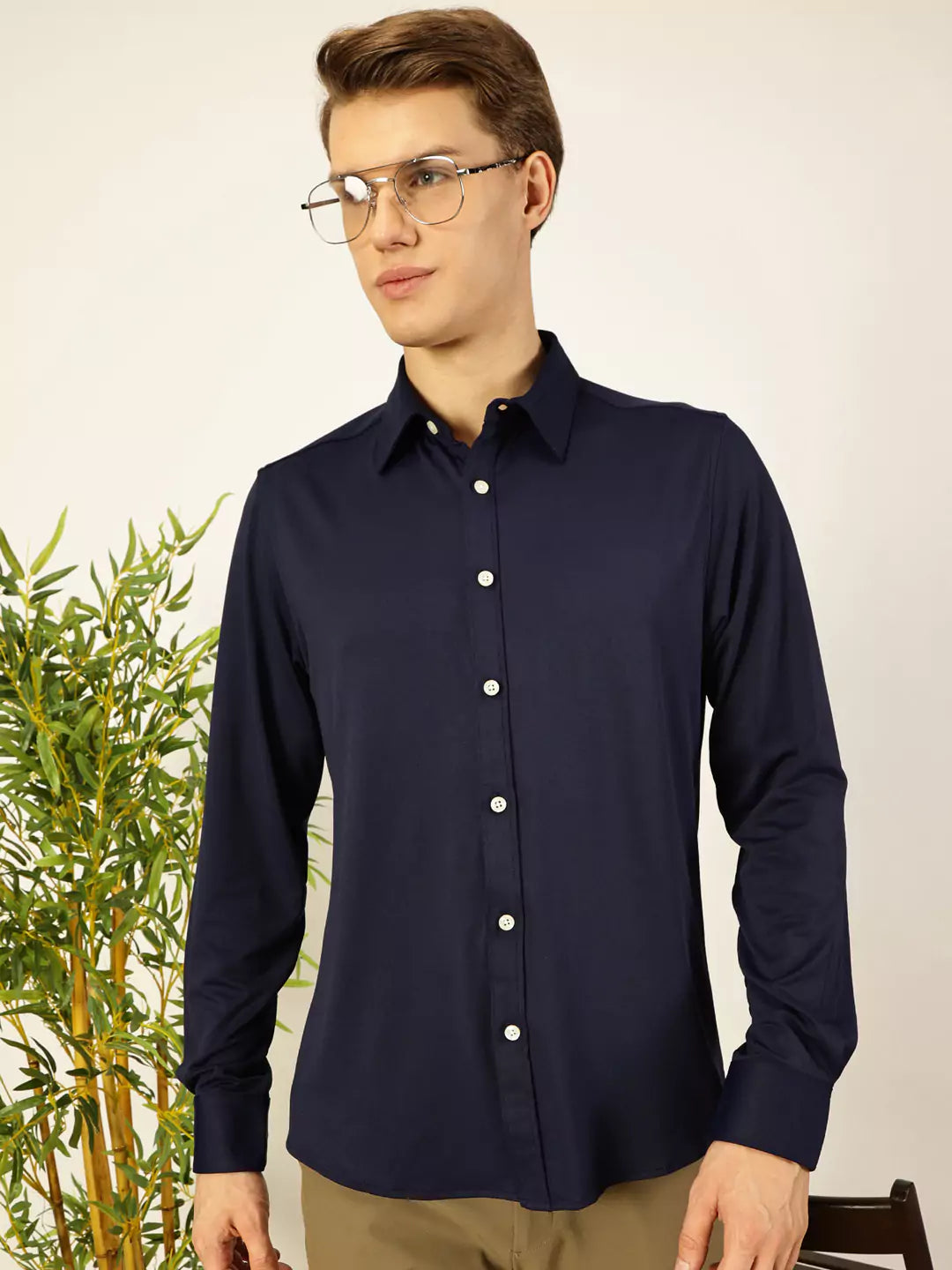 Men Navy Slim Fit Long Sleeves Spread Collar Knit Casual Shirt