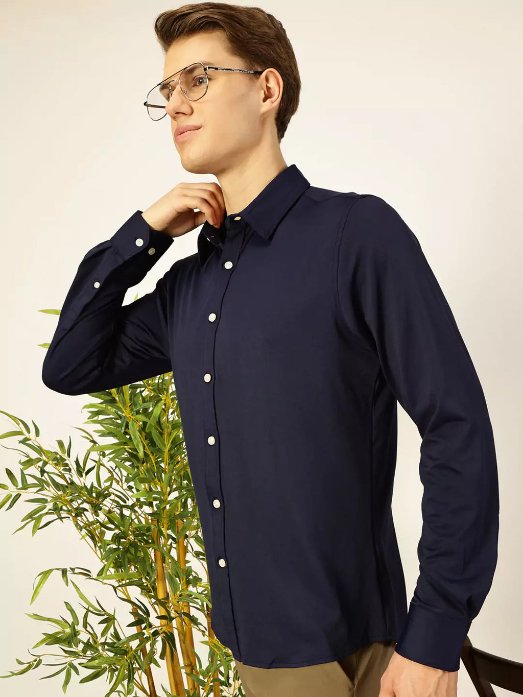 Men Navy Slim Fit Long Sleeves Spread Collar Knit Casual Shirt