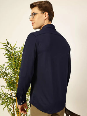 Men Navy Slim Fit Long Sleeves Spread Collar Knit Casual Shirt