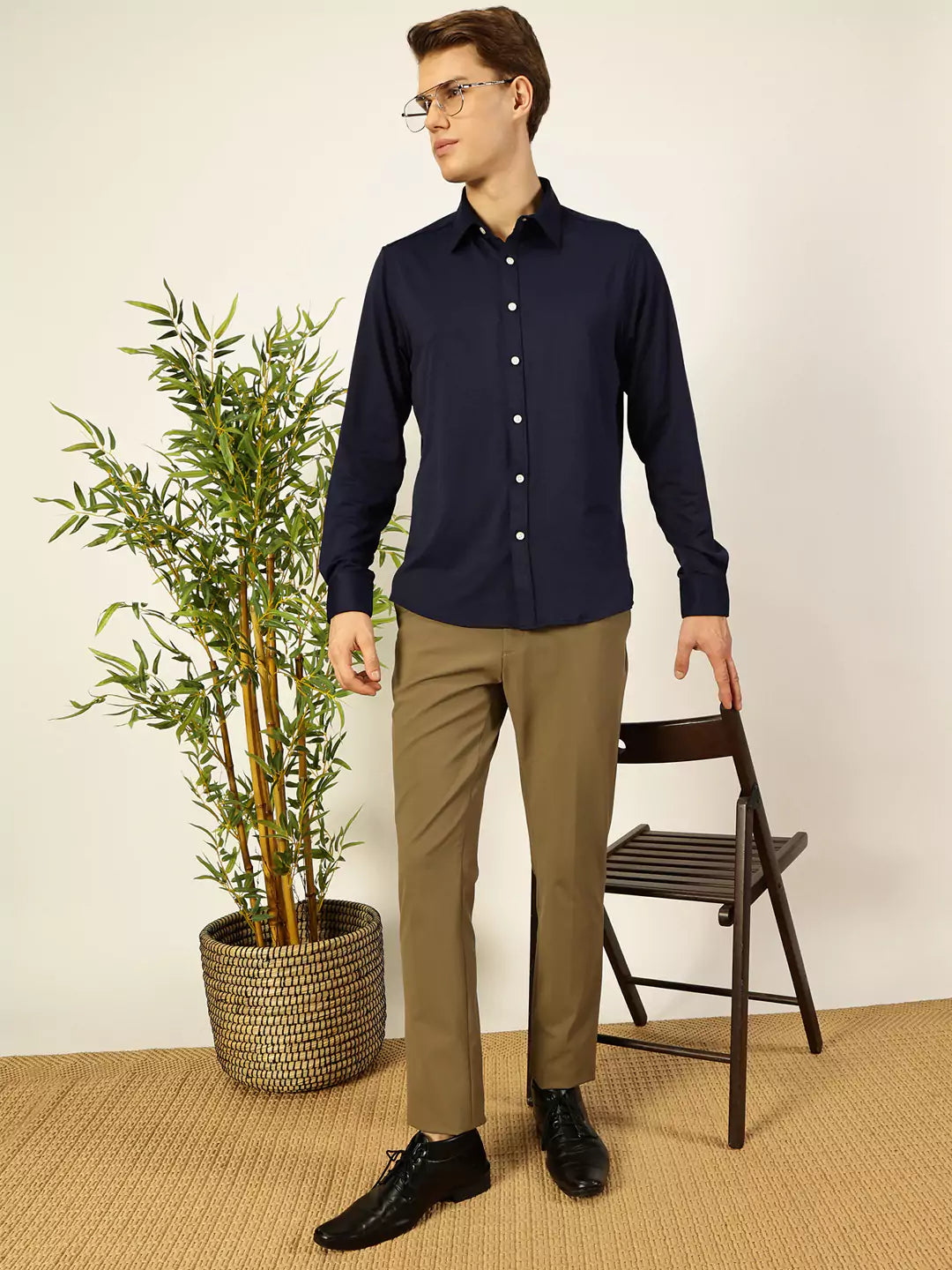 Men Navy Slim Fit Long Sleeves Spread Collar Knit Casual Shirt