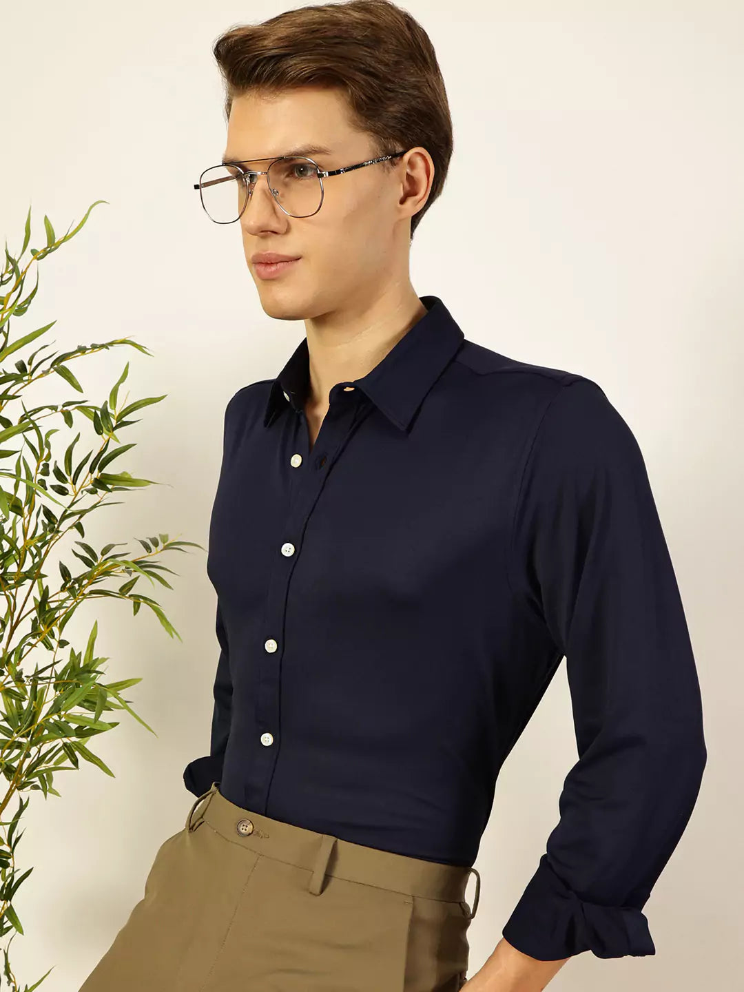 Men Navy Slim Fit Long Sleeves Spread Collar Knit Casual Shirt