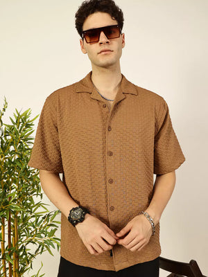Thomas Scott Men Premium Cuban Collar Textured Solid Cotton Relaxed Fit Casual Shirt