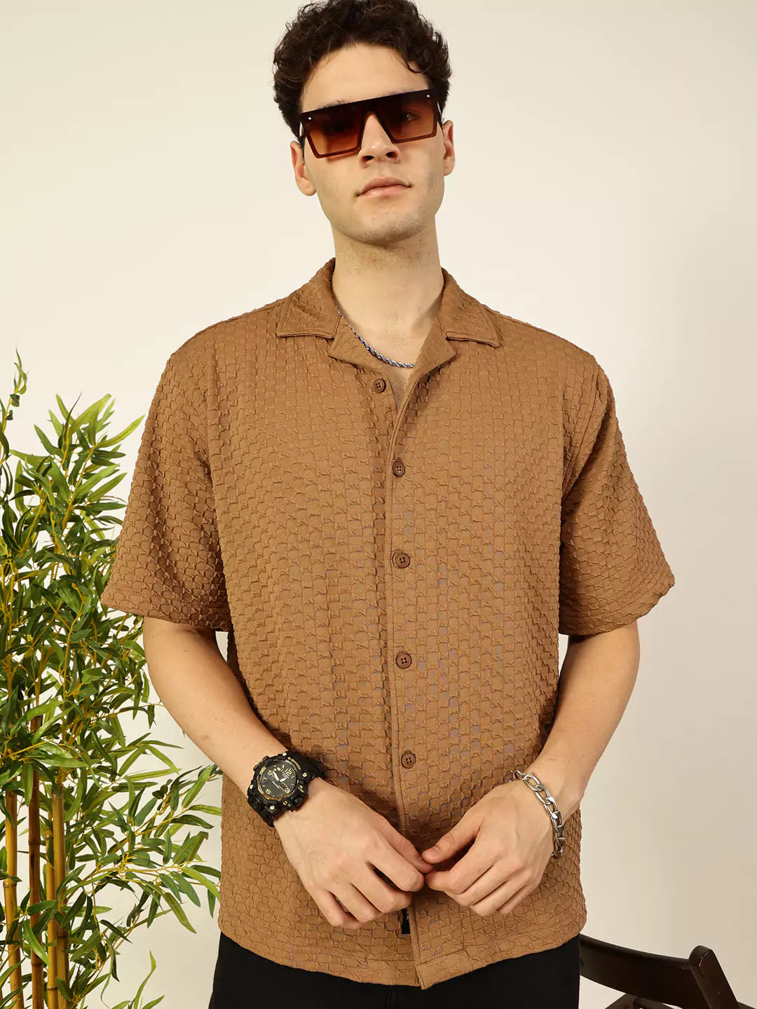Thomas Scott Men Premium Cuban Collar Textured Solid Cotton Relaxed Fit Casual Shirt