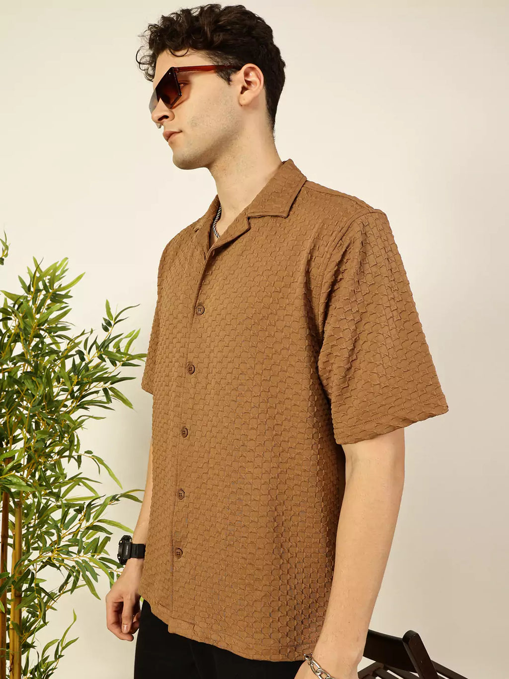 Thomas Scott Men Premium Cuban Collar Textured Solid Cotton Relaxed Fit Casual Shirt