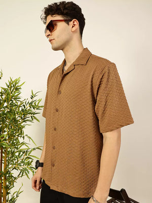 Thomas Scott Men Premium Cuban Collar Textured Solid Cotton Relaxed Fit Casual Shirt