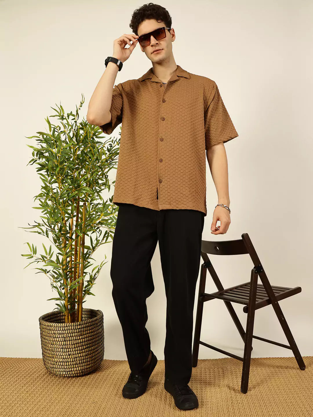 Thomas Scott Men Premium Cuban Collar Textured Solid Cotton Relaxed Fit Casual Shirt