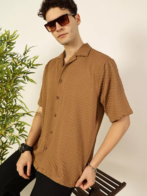 Thomas Scott Men Premium Cuban Collar Textured Solid Cotton Relaxed Fit Casual Shirt