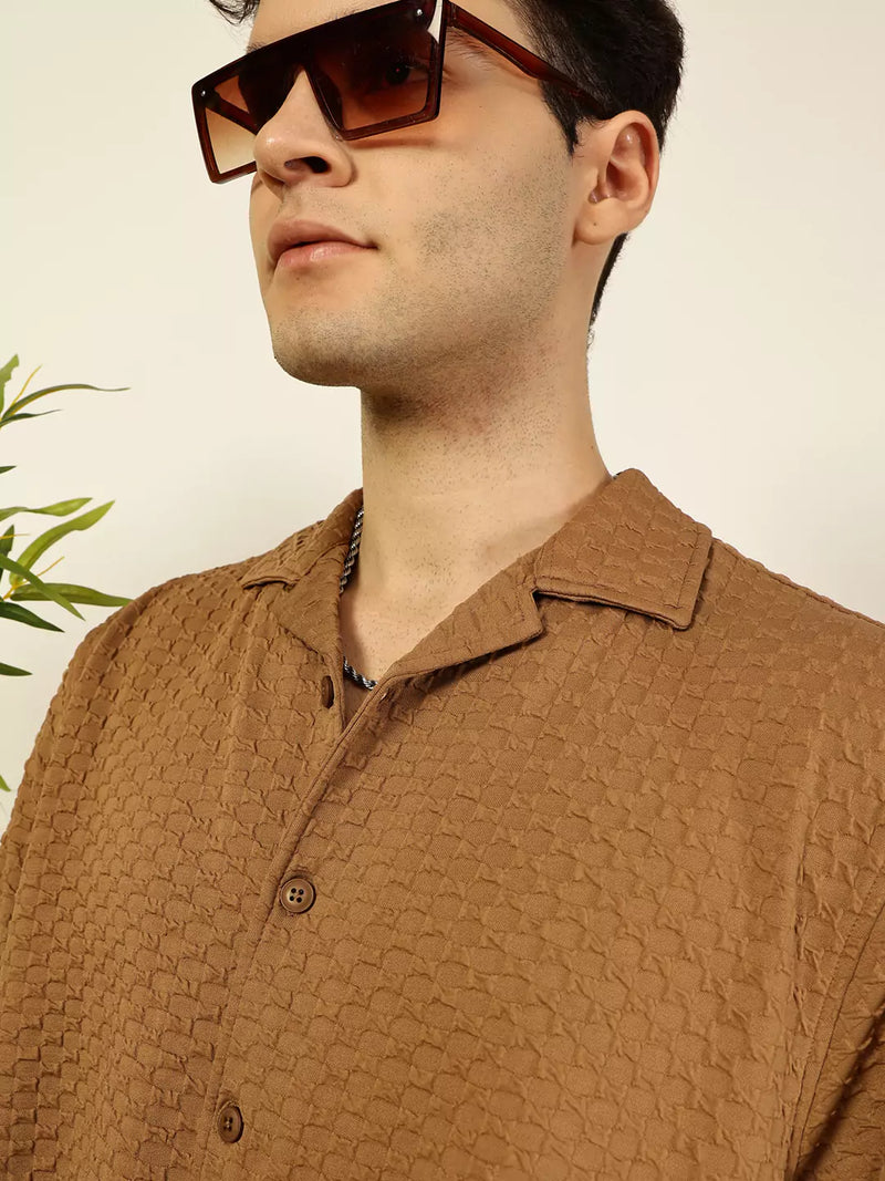Thomas Scott Men Premium Cuban Collar Textured Solid Cotton Relaxed Fit Casual Shirt