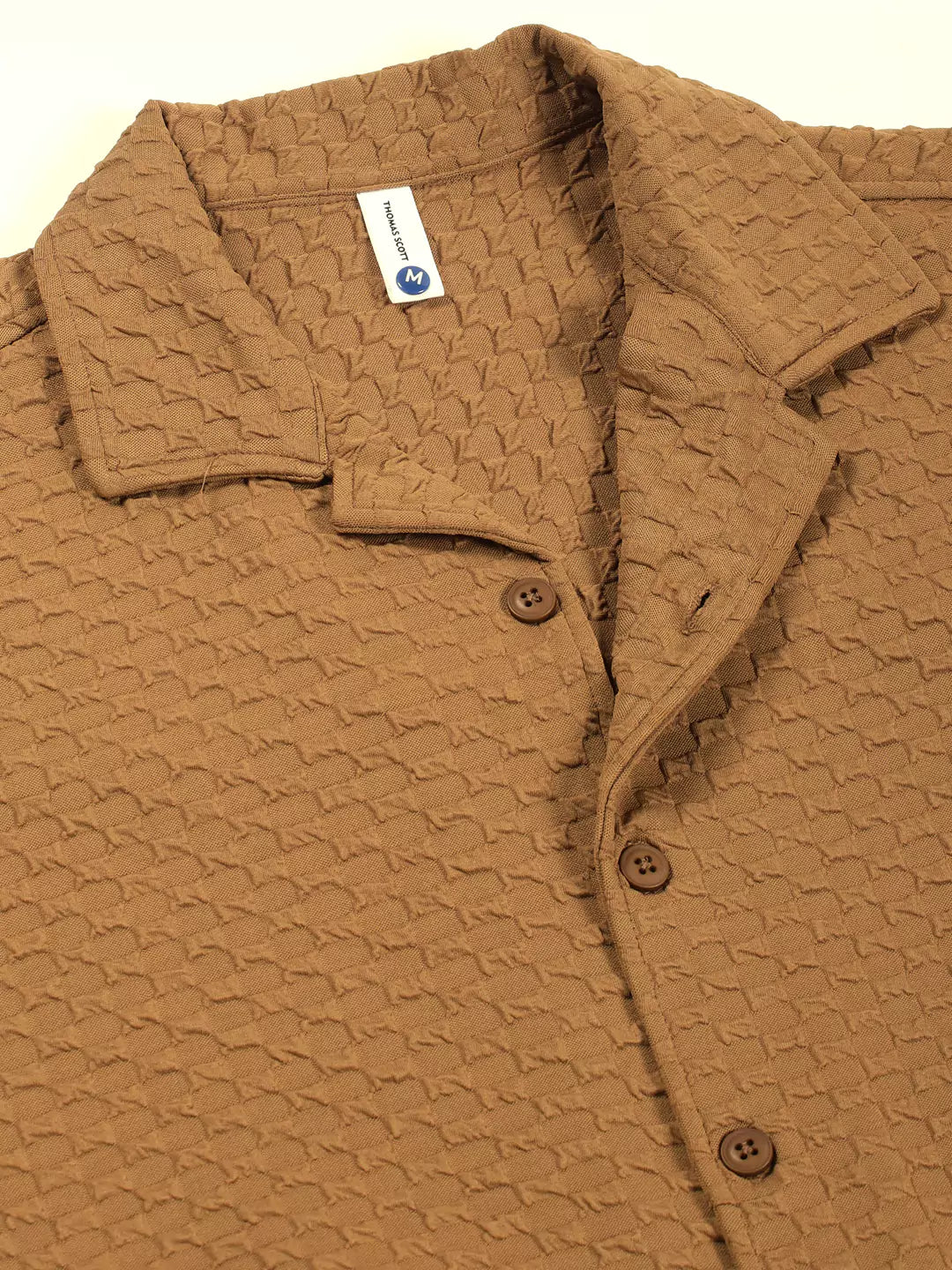 Thomas Scott Men Premium Cuban Collar Textured Solid Cotton Relaxed Fit Casual Shirt
