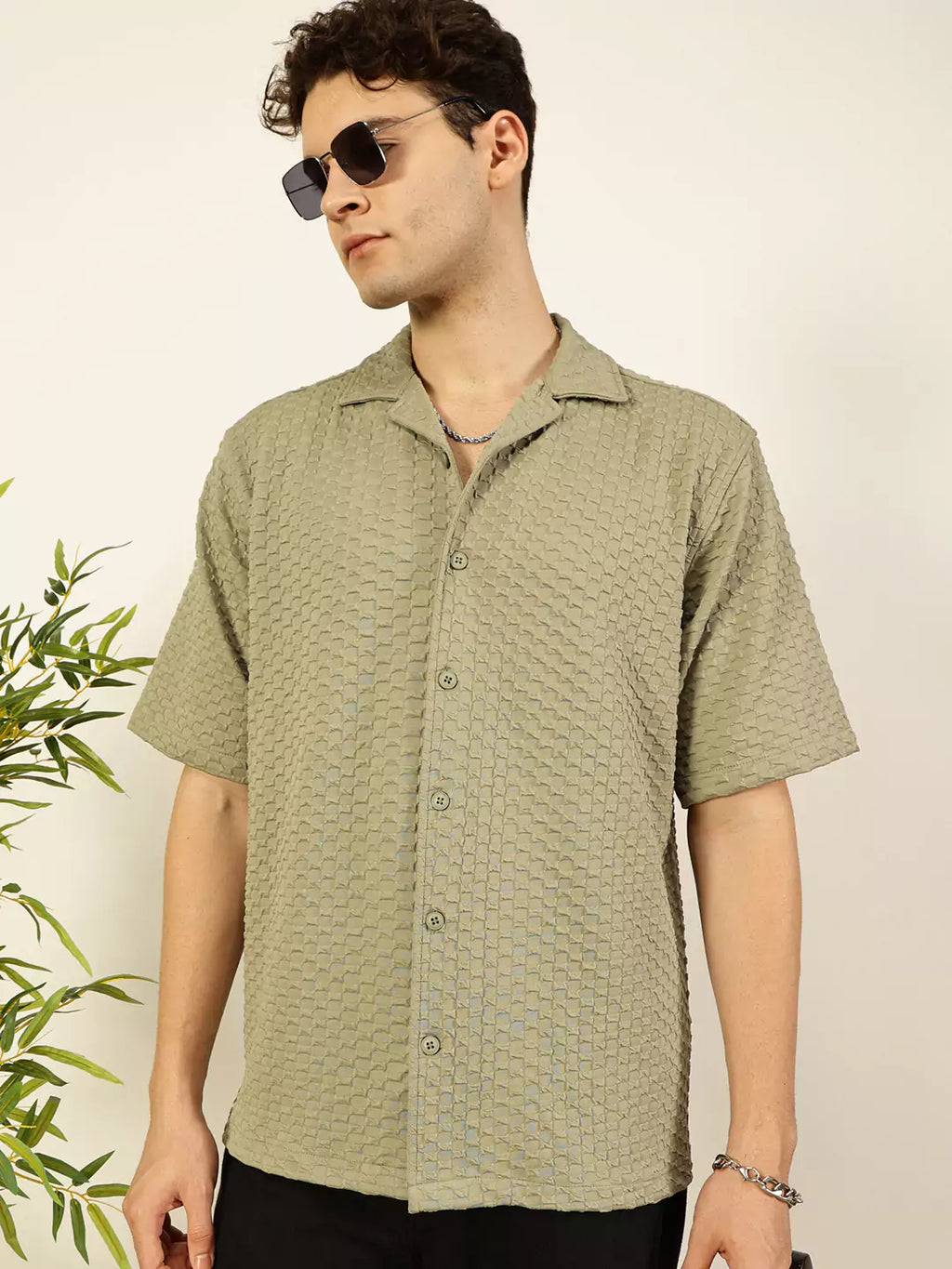 Thomas Scott Men Premium Cuban Collar Textured Solid Cotton Relaxed Fit Casual Shirt