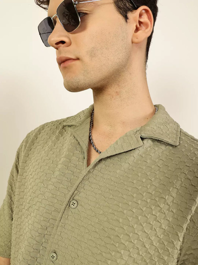 Thomas Scott Men Premium Cuban Collar Textured Solid Cotton Relaxed Fit Casual Shirt