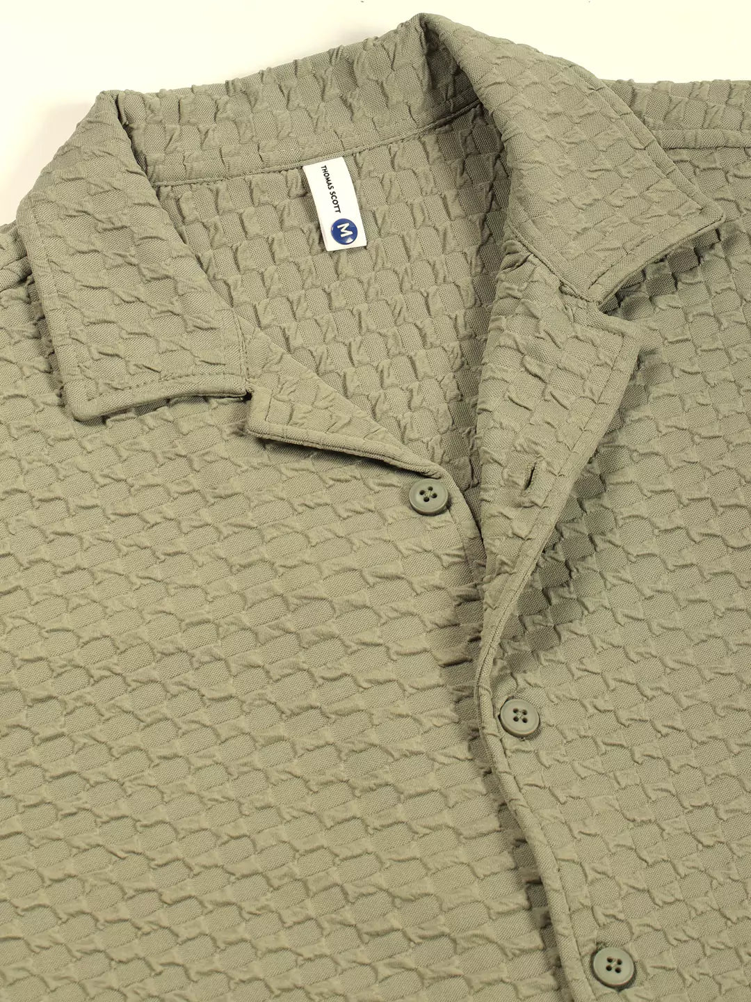 Thomas Scott Men Premium Cuban Collar Textured Solid Cotton Relaxed Fit Casual Shirt