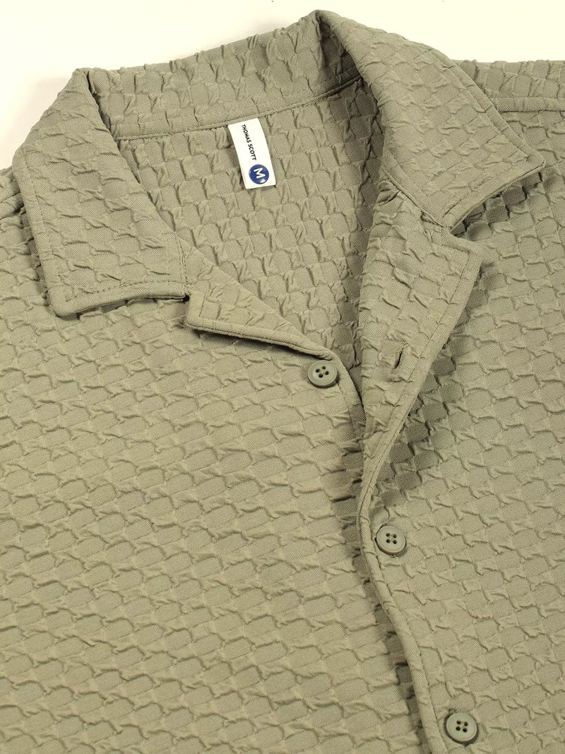 Thomas Scott Men Premium Cuban Collar Textured Solid Cotton Relaxed Fit Casual Shirt