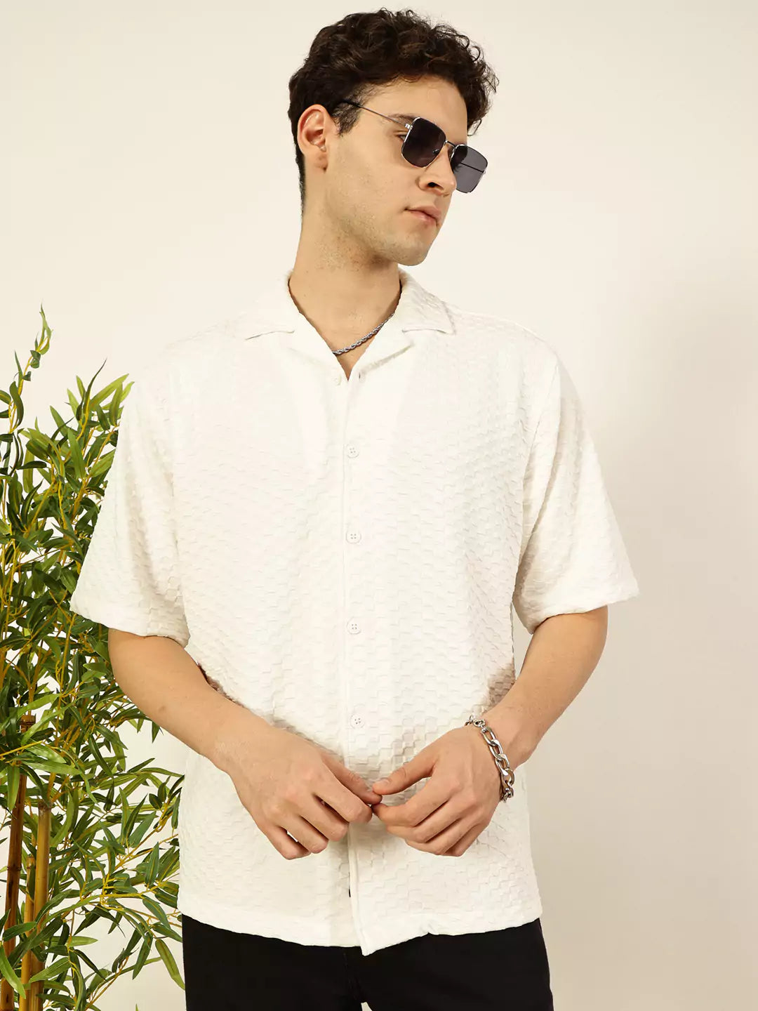 Thomas Scott Men Premium Cuban Collar Textured Solid Cotton Relaxed Fit Casual Shirt