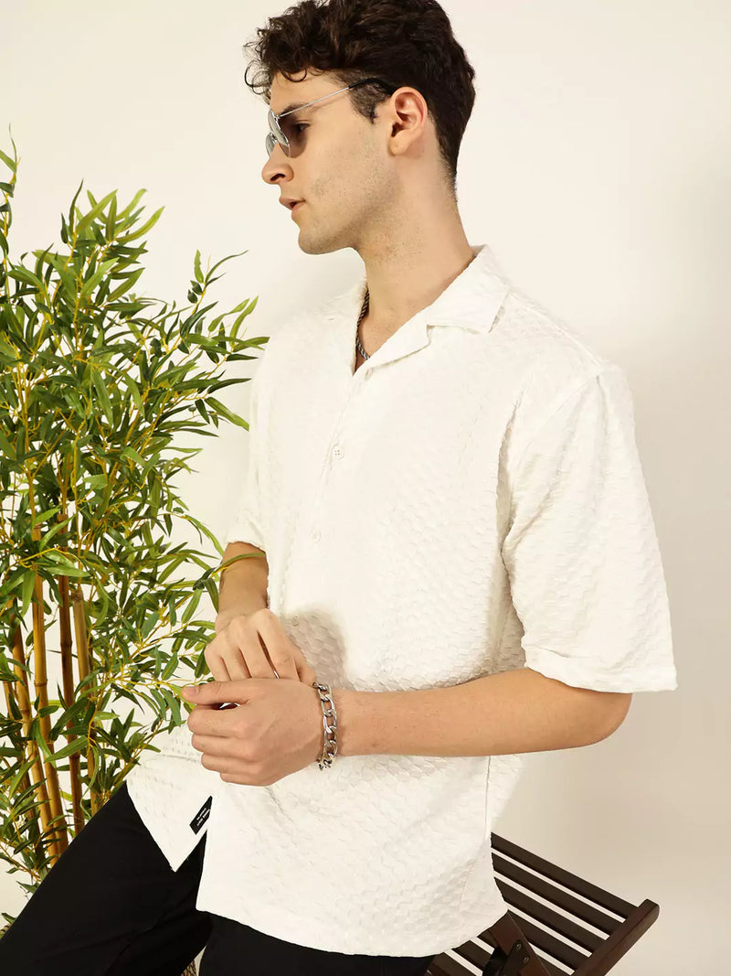 Thomas Scott Men Premium Cuban Collar Textured Solid Cotton Relaxed Fit Casual Shirt