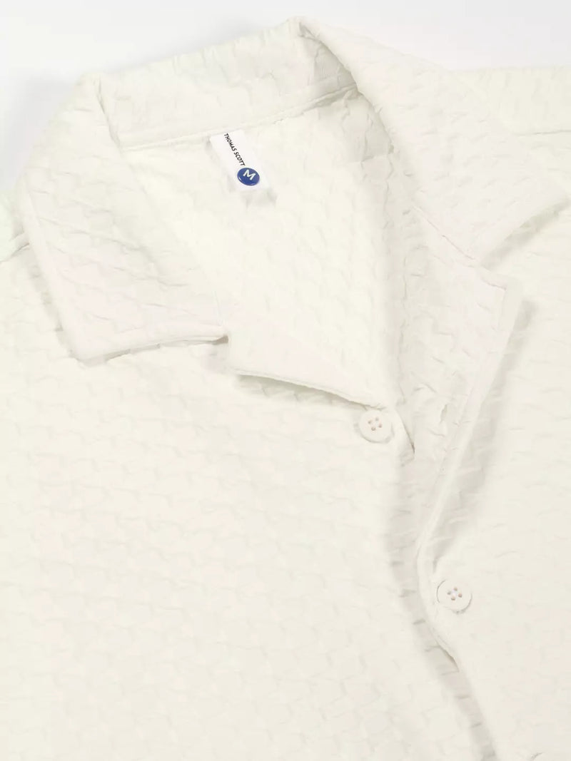 Thomas Scott Men Premium Cuban Collar Textured Solid Cotton Relaxed Fit Casual Shirt