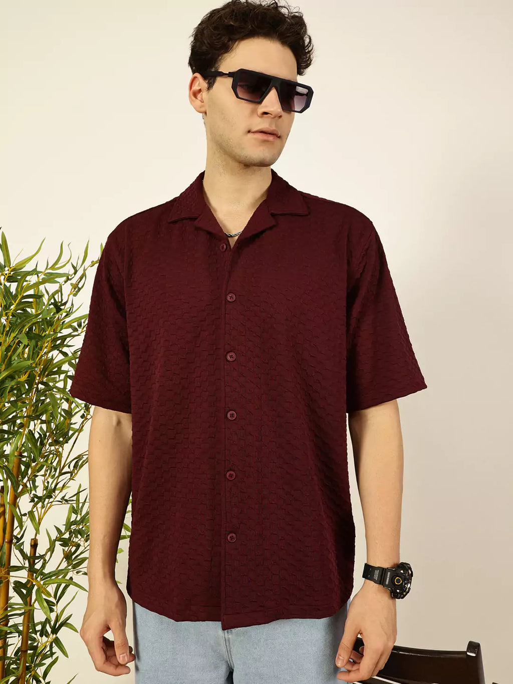 Thomas Scott Men Premium Cuban Collar Textured Solid Cotton Relaxed Fit Casual Shirt