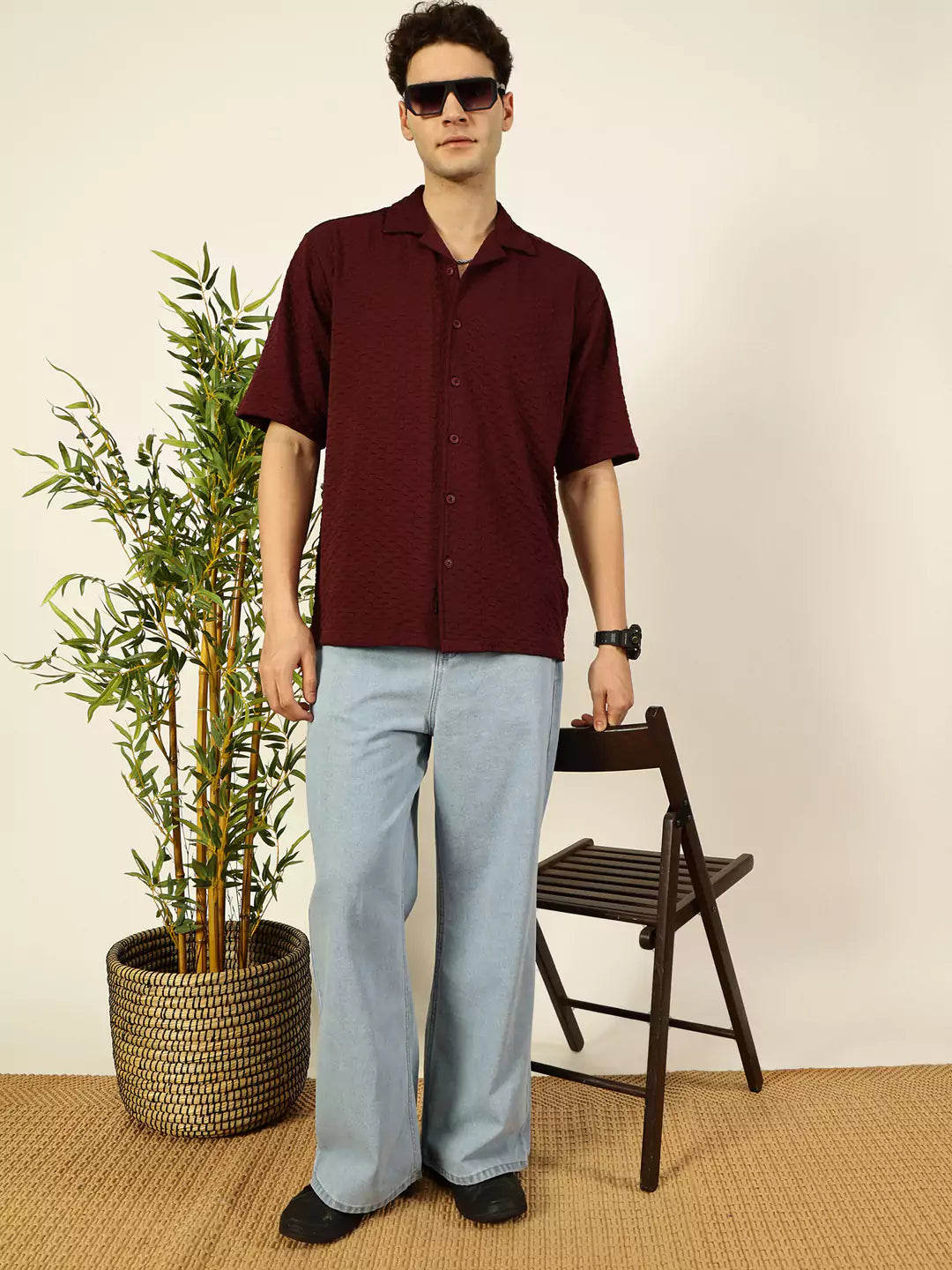Thomas Scott Men Premium Cuban Collar Textured Solid Cotton Relaxed Fit Casual Shirt