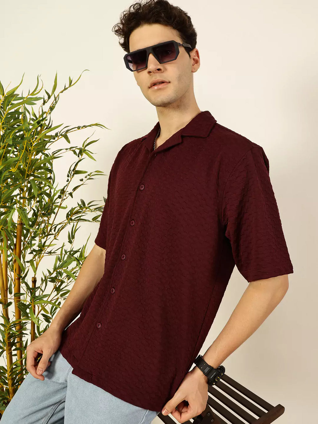 Thomas Scott Men Premium Cuban Collar Textured Solid Cotton Relaxed Fit Casual Shirt