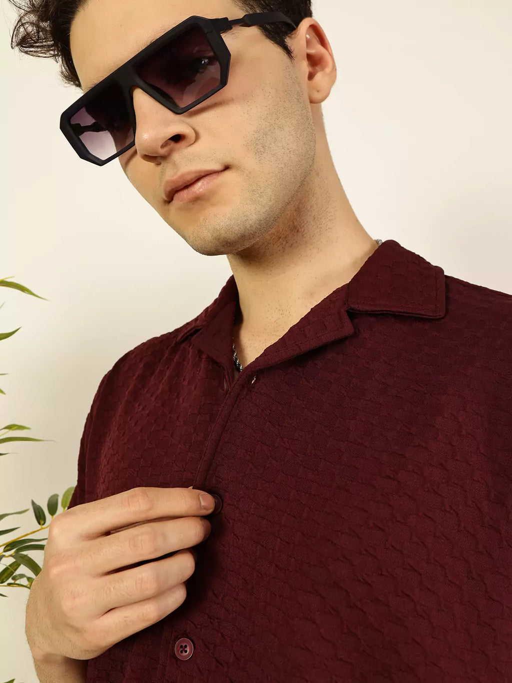 Thomas Scott Men Premium Cuban Collar Textured Solid Cotton Relaxed Fit Casual Shirt
