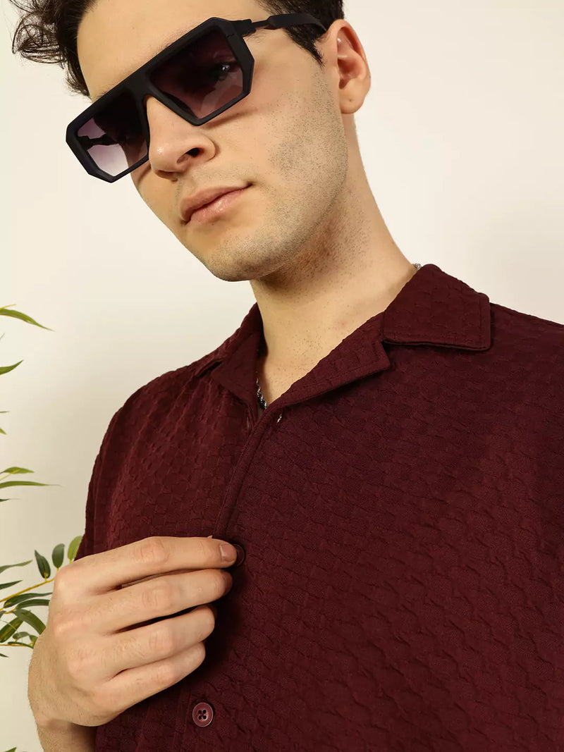 Thomas Scott Men Premium Cuban Collar Textured Solid Cotton Relaxed Fit Casual Shirt