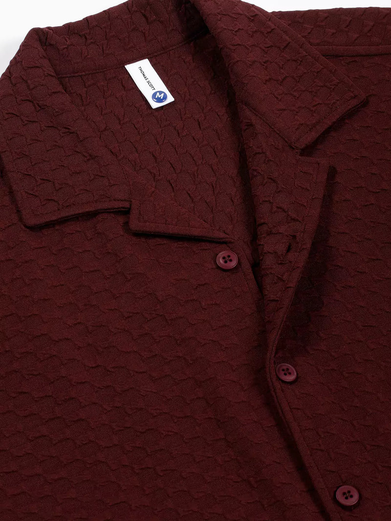 Thomas Scott Men Premium Cuban Collar Textured Solid Cotton Relaxed Fit Casual Shirt