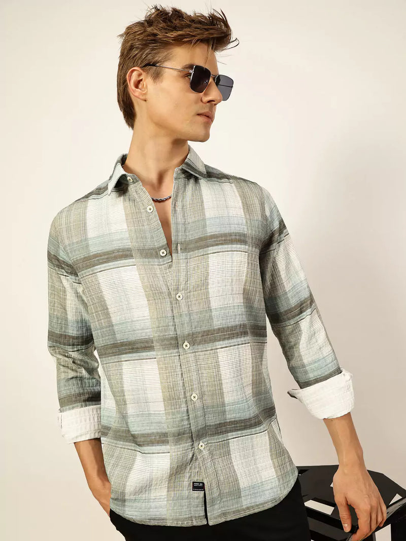 Thomas Scott Men Premium Slim Fit Tartan Checks Opaque Checked Casual Shirt