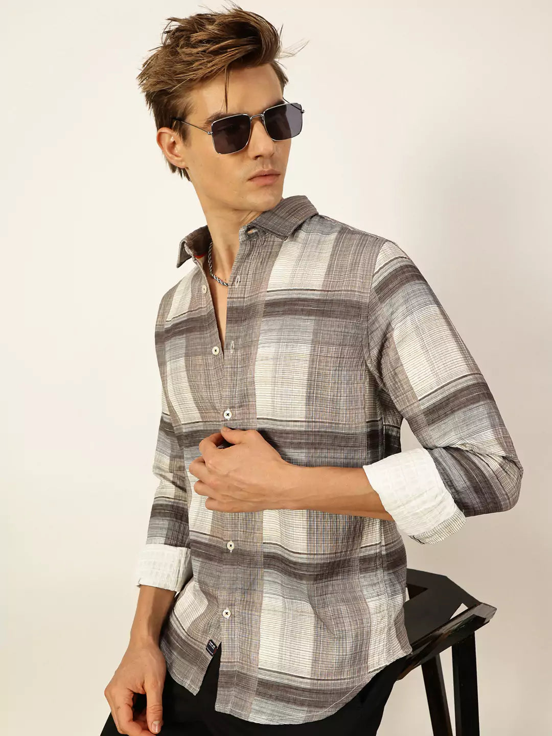 Thomas Scott Men Premium Slim Fit Tartan Checks Opaque Checked Casual Shirt
