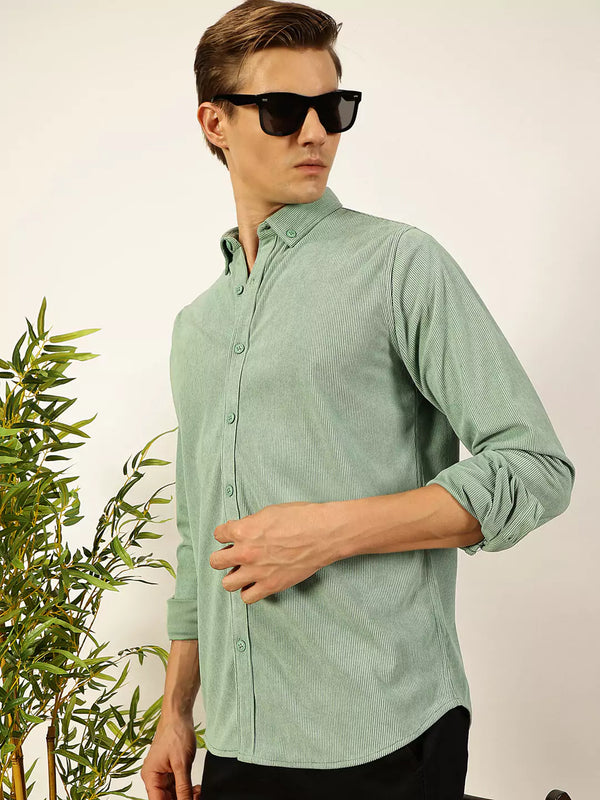 Green Premium Textured Corduroy Slim Fit Button-Down Collar Casual Shirt For Men
