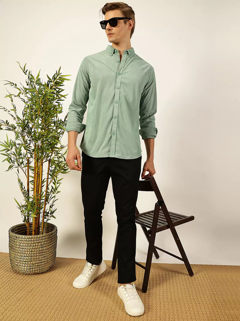 Thomas Scott Men Premium Textured Corduroy Slim Fit Button-Down Collar Casual Shirt