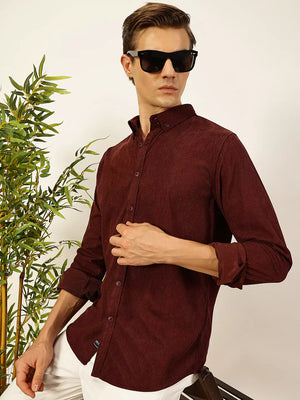 Wine Premium Textured Corduroy Slim Fit Button-Down Collar Casual Shirt For Men