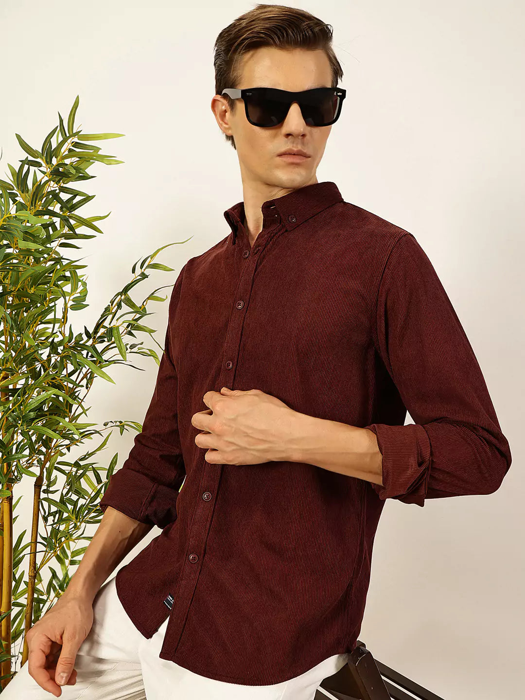 Thomas Scott Men Premium Textured Corduroy Slim Fit Button-Down Collar Casual Shirt