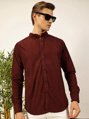 Wine Premium Textured Corduroy Slim Fit Button-Down Collar Casual Shirt For Men