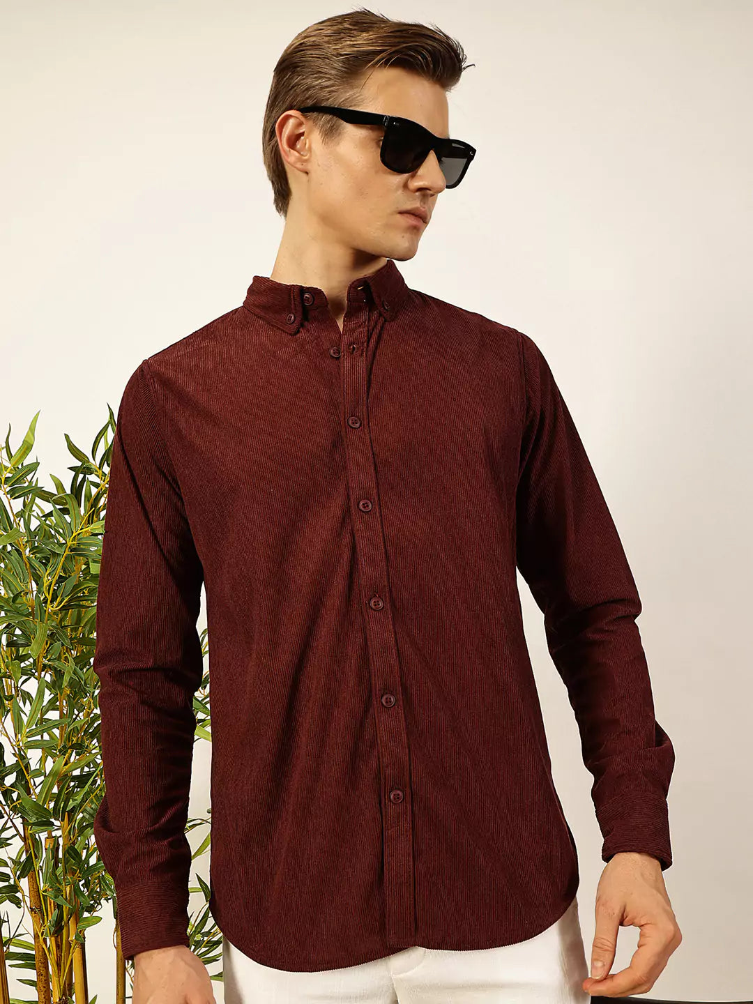 Thomas Scott Men Premium Textured Corduroy Slim Fit Button-Down Collar Casual Shirt