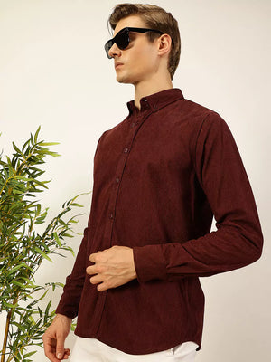 Wine Premium Textured Corduroy Slim Fit Button-Down Collar Casual Shirt For Men
