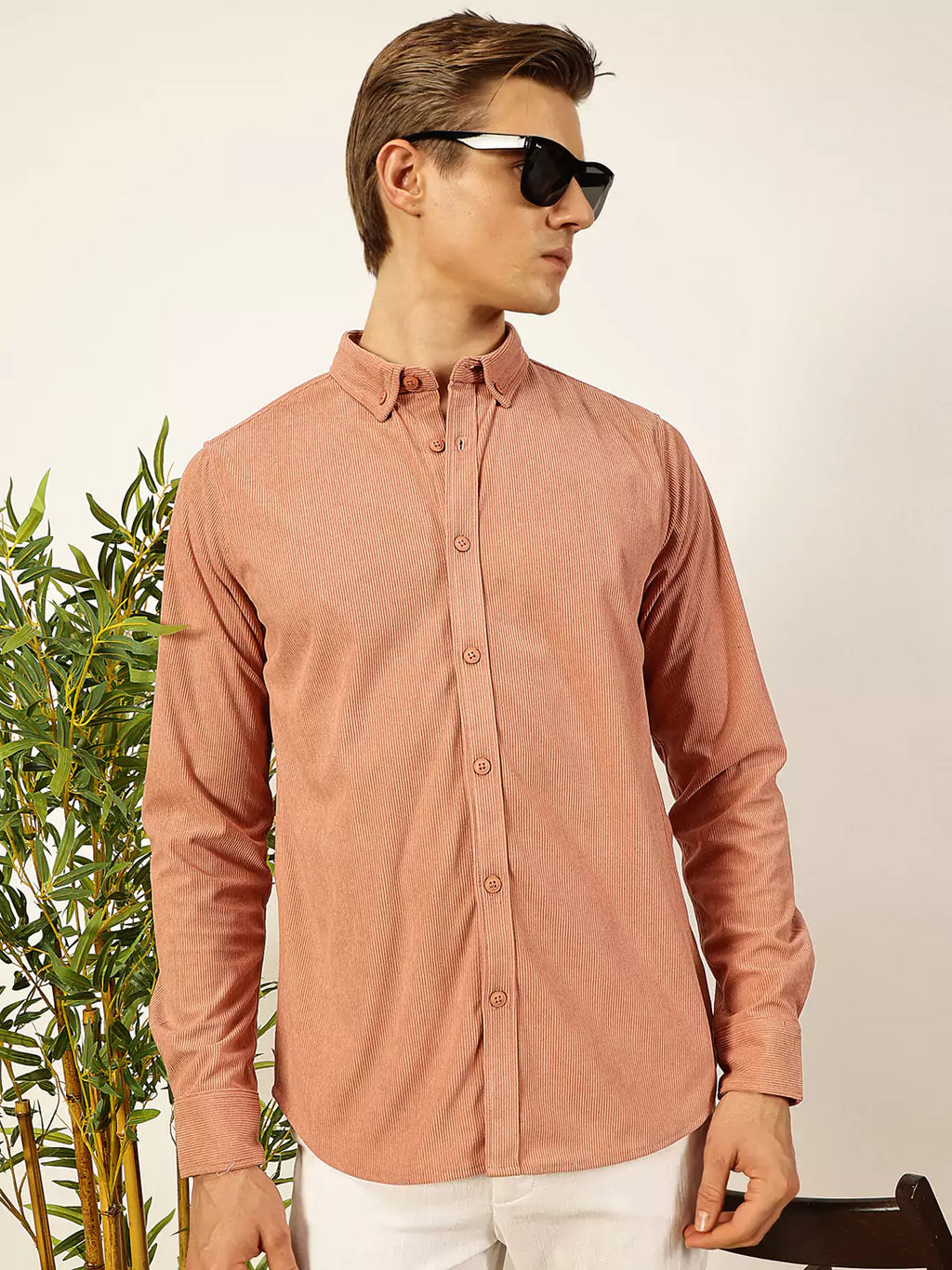Thomas Scott Men Premium Textured Corduroy Slim Fit Button-Down Collar Casual Shirt