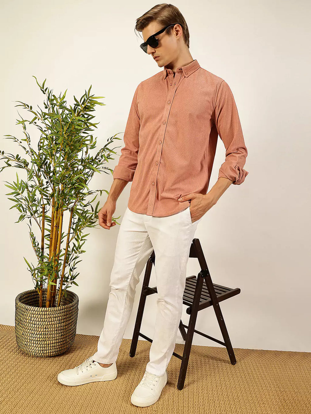 Thomas Scott Men Premium Textured Corduroy Slim Fit Button-Down Collar Casual Shirt
