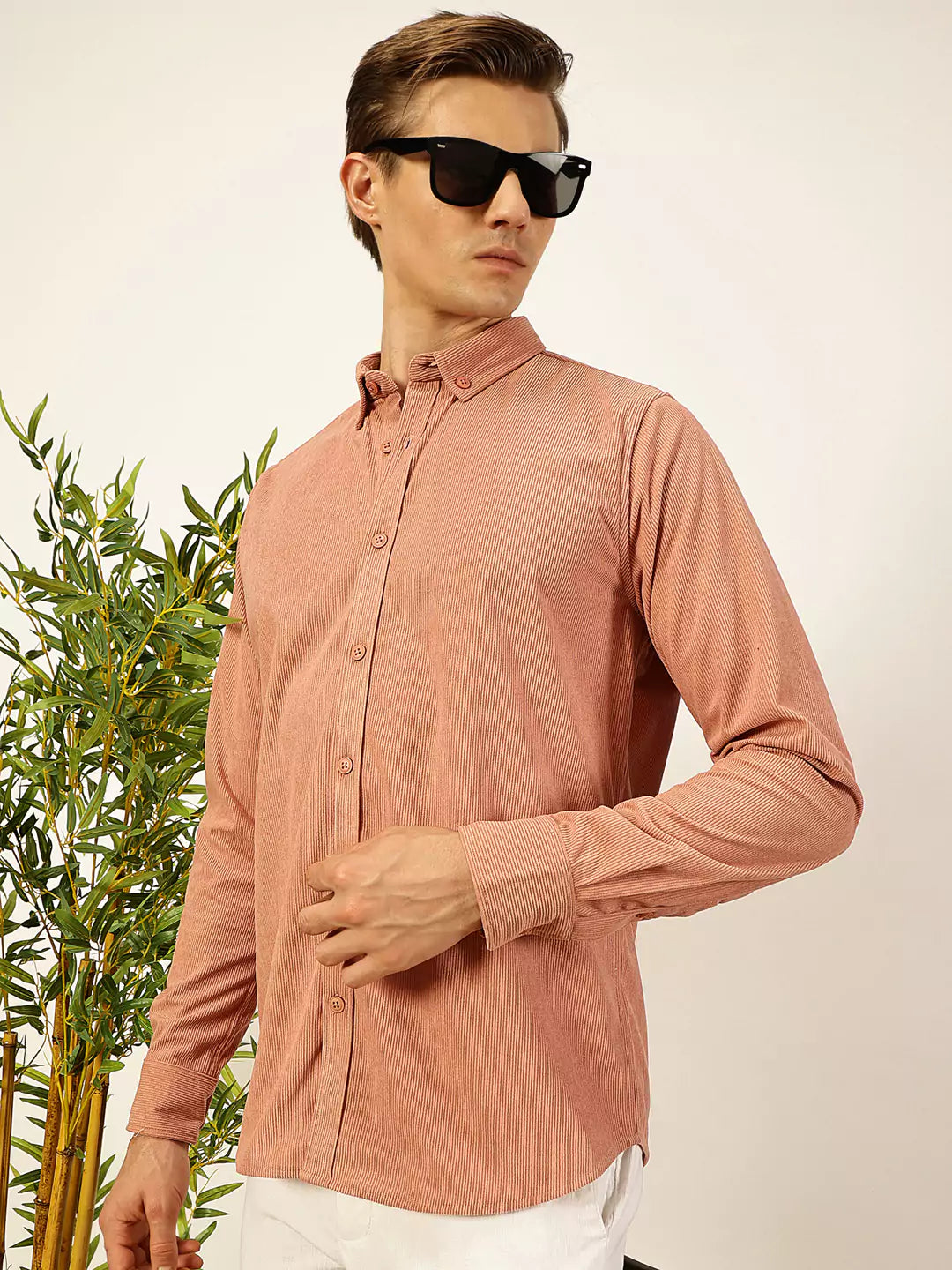 Thomas Scott Men Premium Textured Corduroy Slim Fit Button-Down Collar Casual Shirt