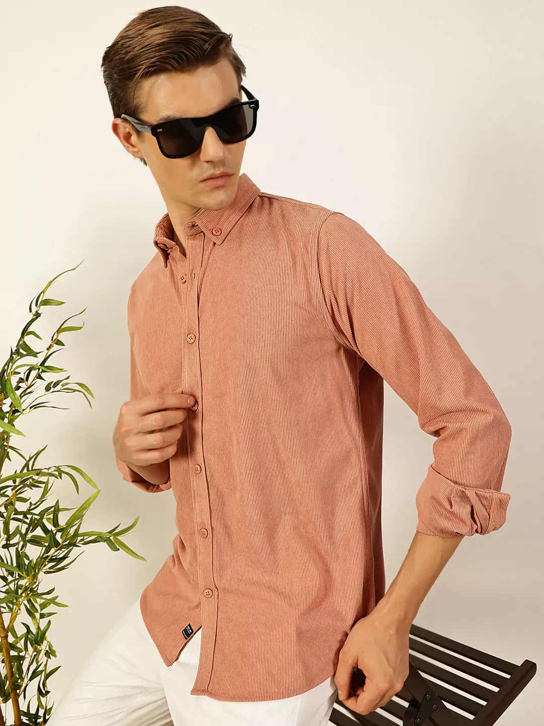 Thomas Scott Men Premium Textured Corduroy Slim Fit Button-Down Collar Casual Shirt