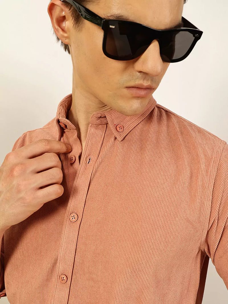 Thomas Scott Men Premium Textured Corduroy Slim Fit Button-Down Collar Casual Shirt