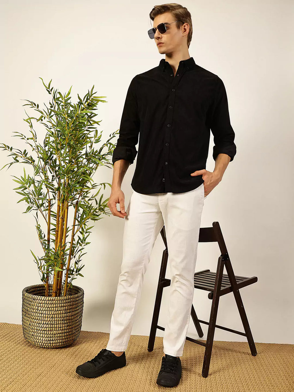 Thomas Scott Men Premium Textured Corduroy Slim Fit Button-Down Collar Casual Shirt