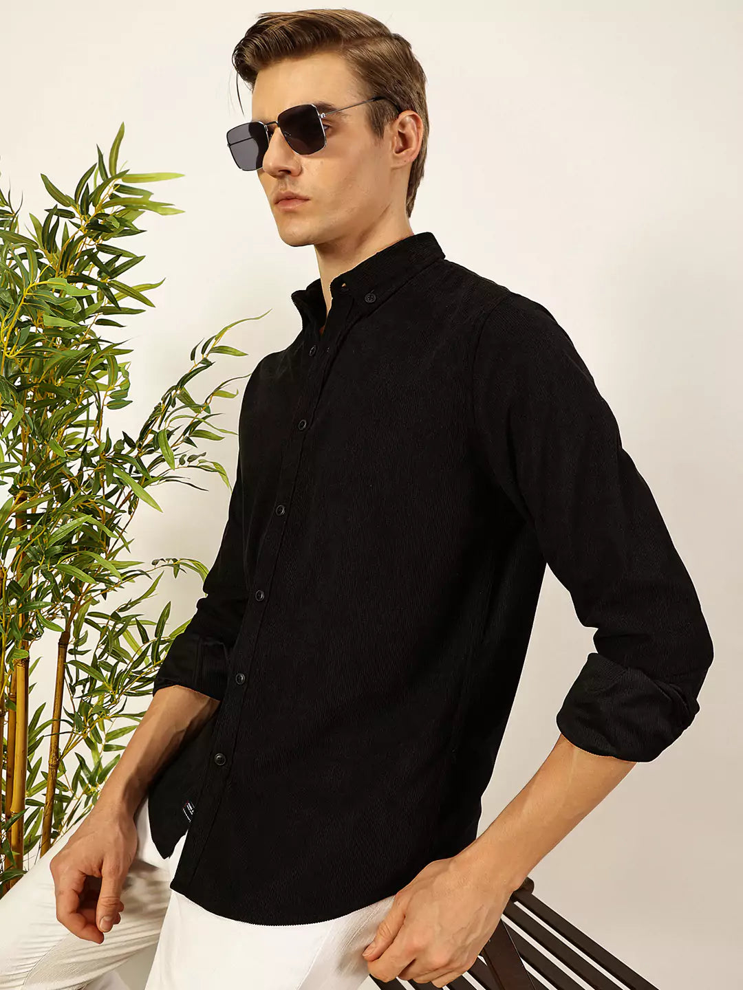 Thomas Scott Men Premium Textured Corduroy Slim Fit Button-Down Collar Casual Shirt