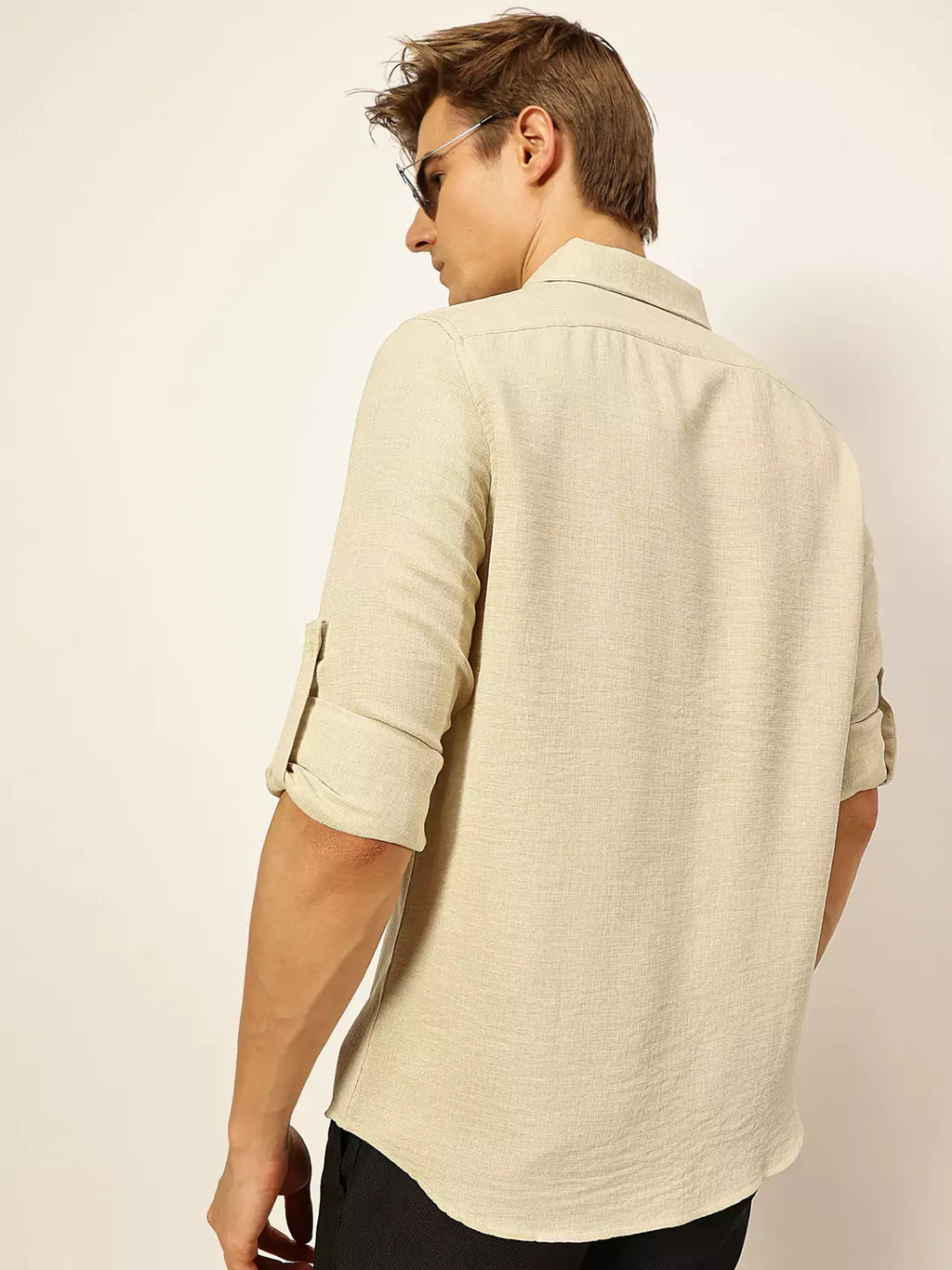 Thomas Scott Men Beige Slim Fit Long Sleeves Button-Down Collar Polyester Casual Shirt