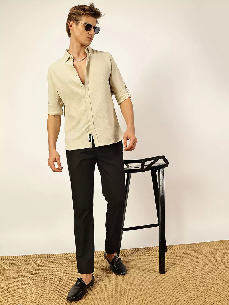 Thomas Scott Men Beige Slim Fit Long Sleeves Button-Down Collar Polyester Casual Shirt
