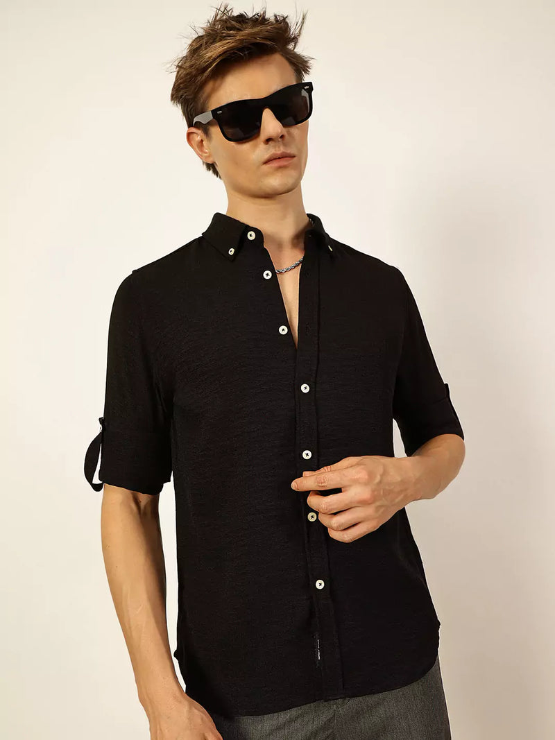 Thomas Scott Men Black Slim Fit Long Sleeves Button-Down Collar Polyester Casual Shirt
