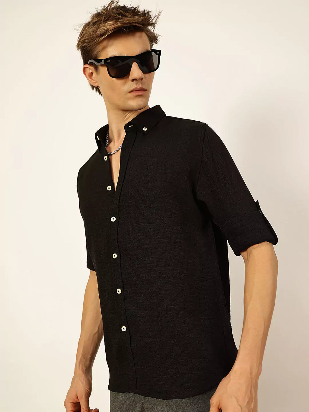 Black Slim Fit Long Sleeves Button-Down Collar Polyester Casual Shirt For Men