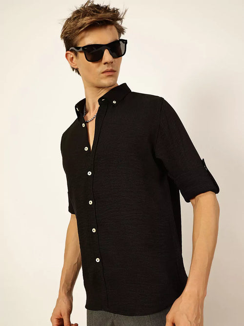 Thomas Scott Men Black Slim Fit Long Sleeves Button-Down Collar Polyester Casual Shirt