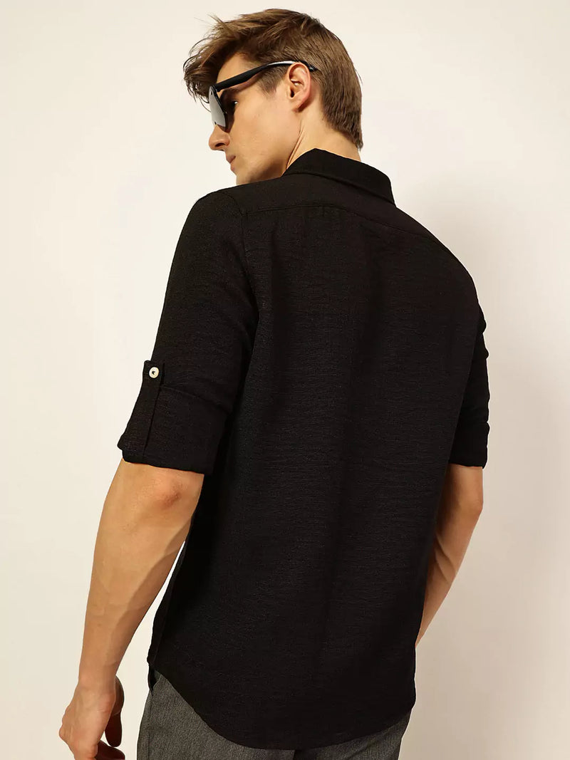 Thomas Scott Men Black Slim Fit Long Sleeves Button-Down Collar Polyester Casual Shirt